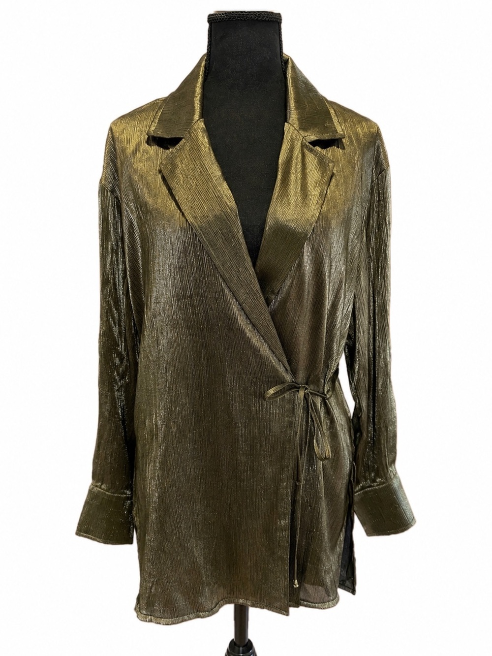ZARA GREEN METALLIC LONG SLEEVE SIDE TIE TOP
